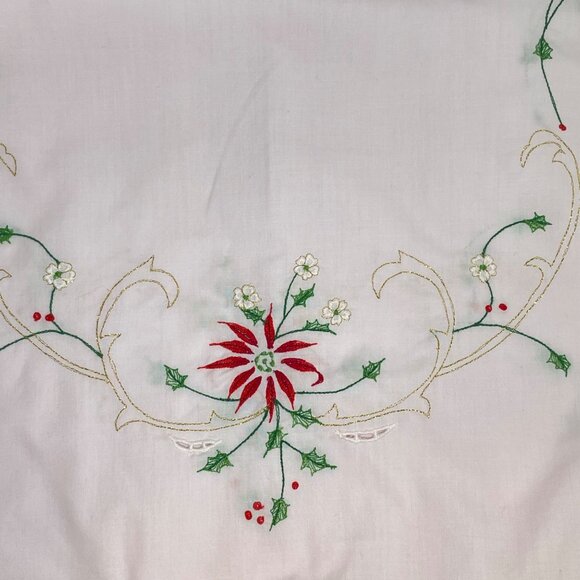 Vintage Hand-Embroidered Poinsettia Table Runner 48" X 16" White Cotton Red & Gr - Picture 5 of 11